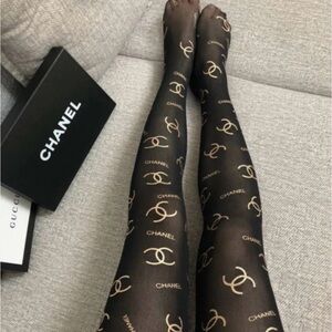 CC Black Sheer Logo Tights with Beige CC & Designer umbrella bundle set.